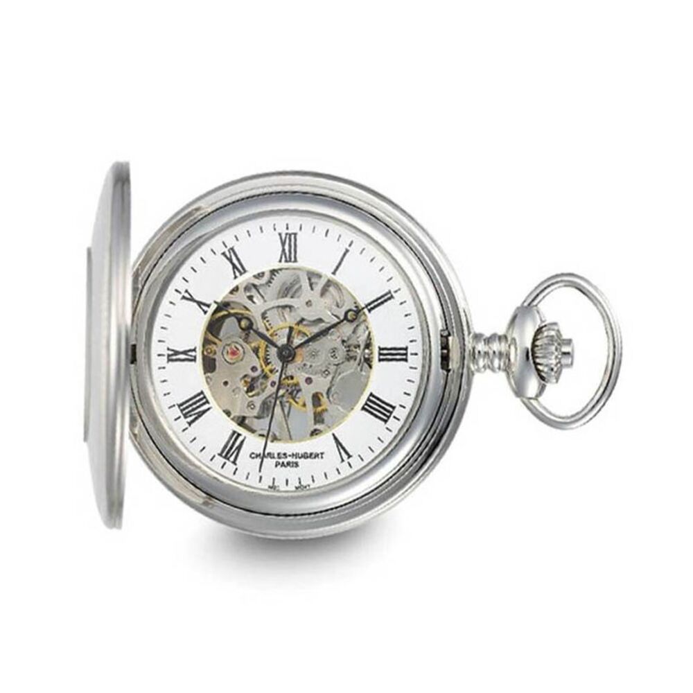 Charles Hubert Stainless Hunter Case w/Shield Skeleton Pocket Watch